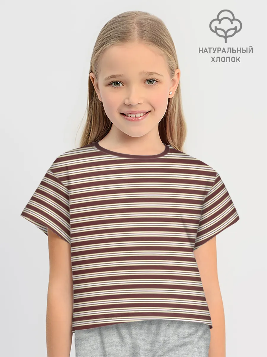 Футболка для девочки укороченная оверсайз хлопок / Полоска Retro_brown