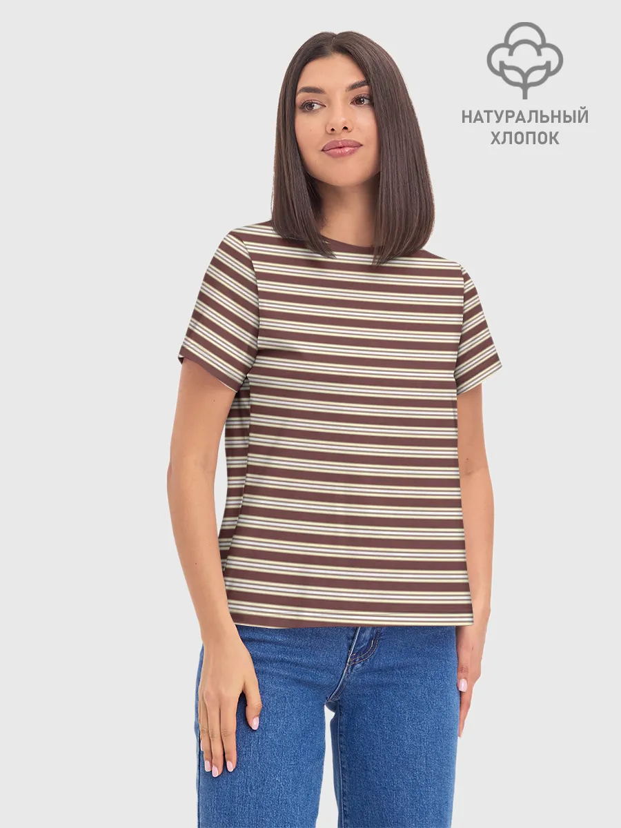 Женская базовая футболка хлопок / Полоска Retro_brown