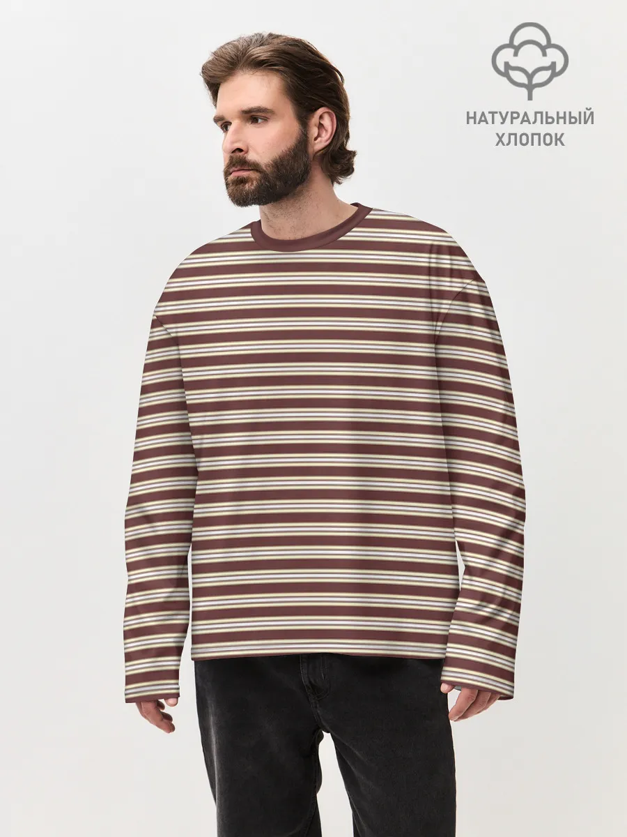 Мужской лонгслив оверсайз хлопок / Полоска Retro_brown