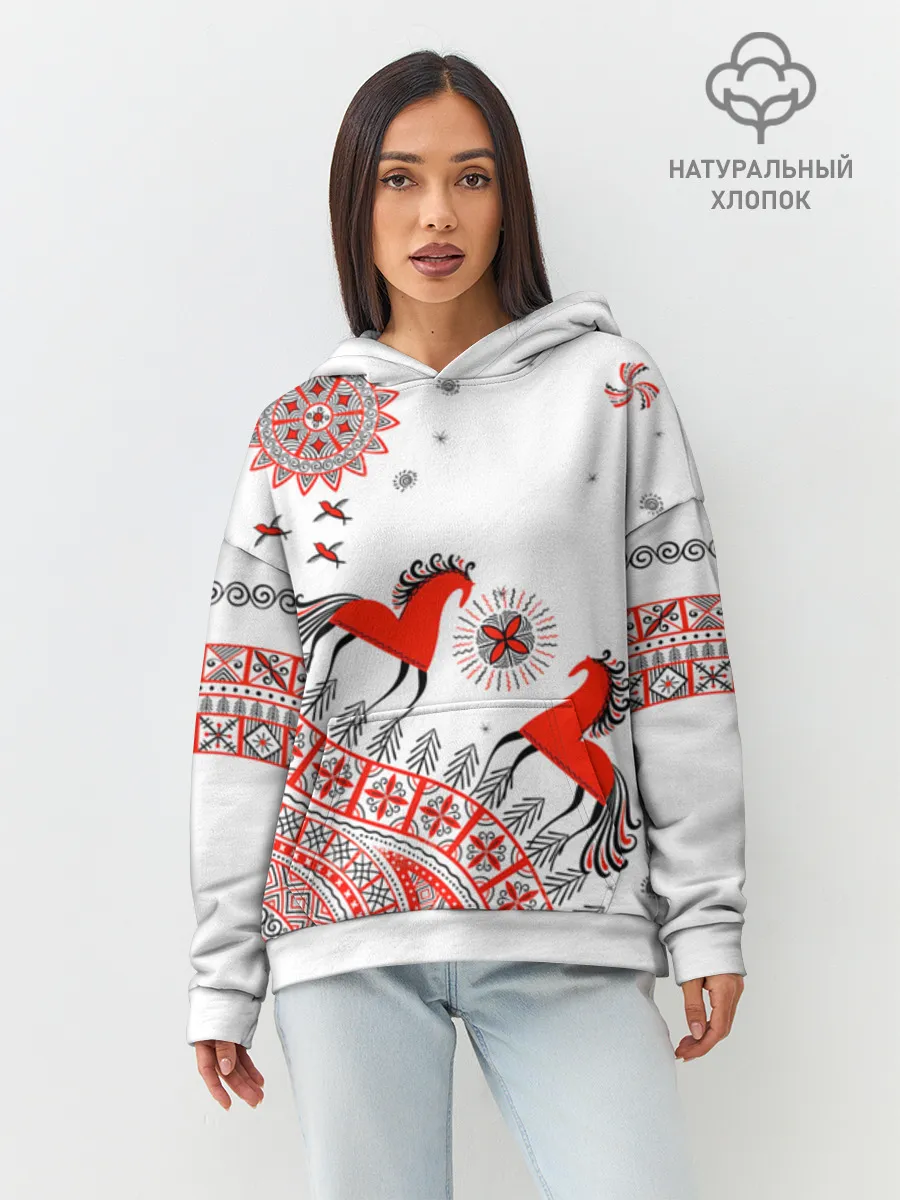 Худи женский оверсайз хлопок / Мезенская роспись Horse