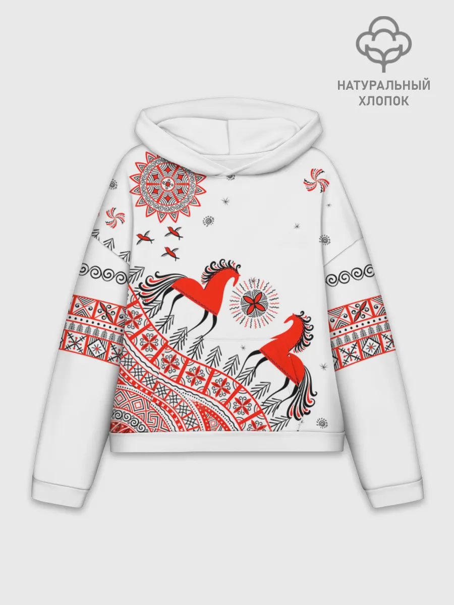 Худи женский оверсайз хлопок / Мезенская роспись Horse