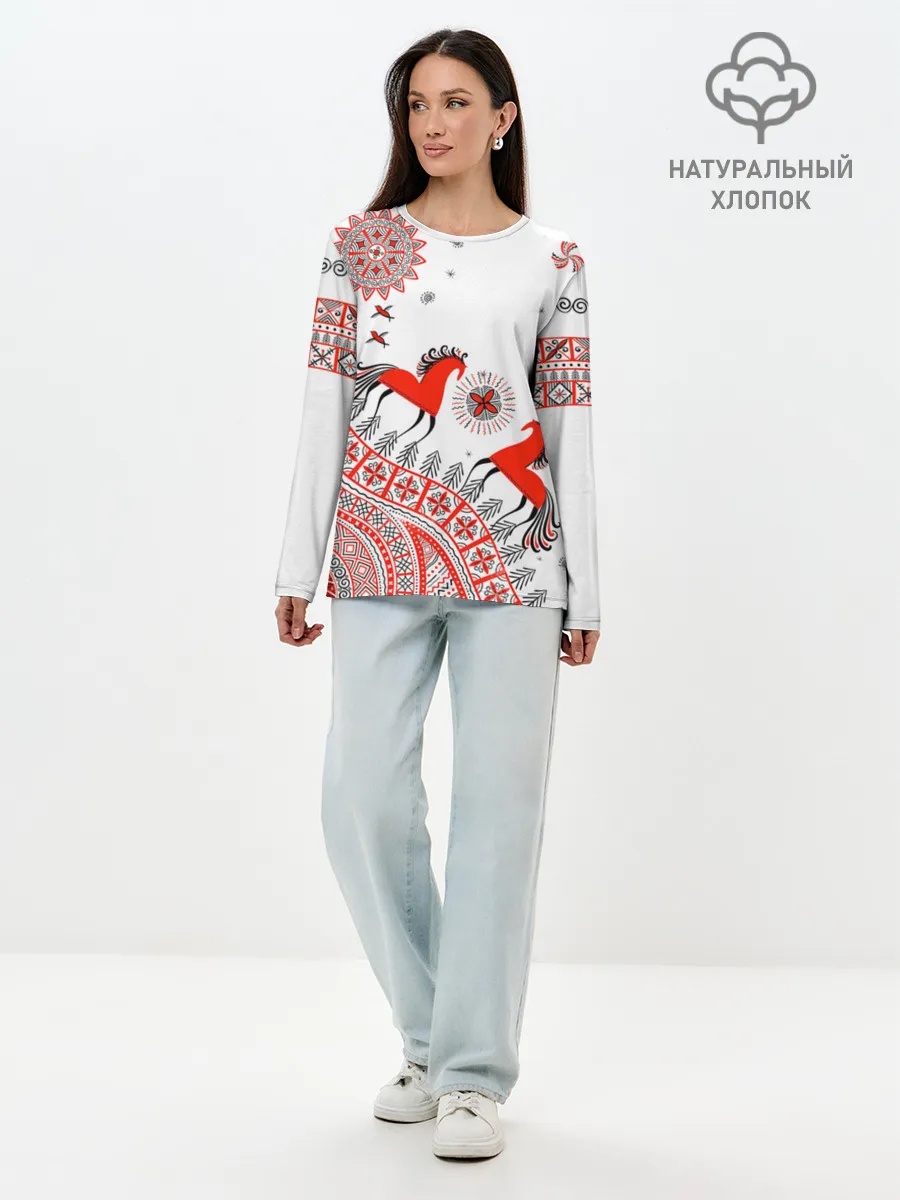 Лонгслив женский. Хлопок / Мезенская роспись Horse