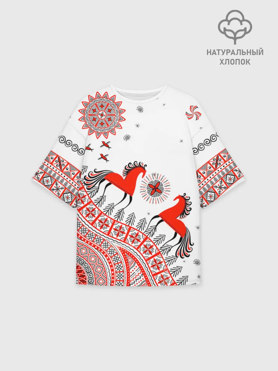 Футболка женская оверсайз премиум / Мезенская роспись Horse