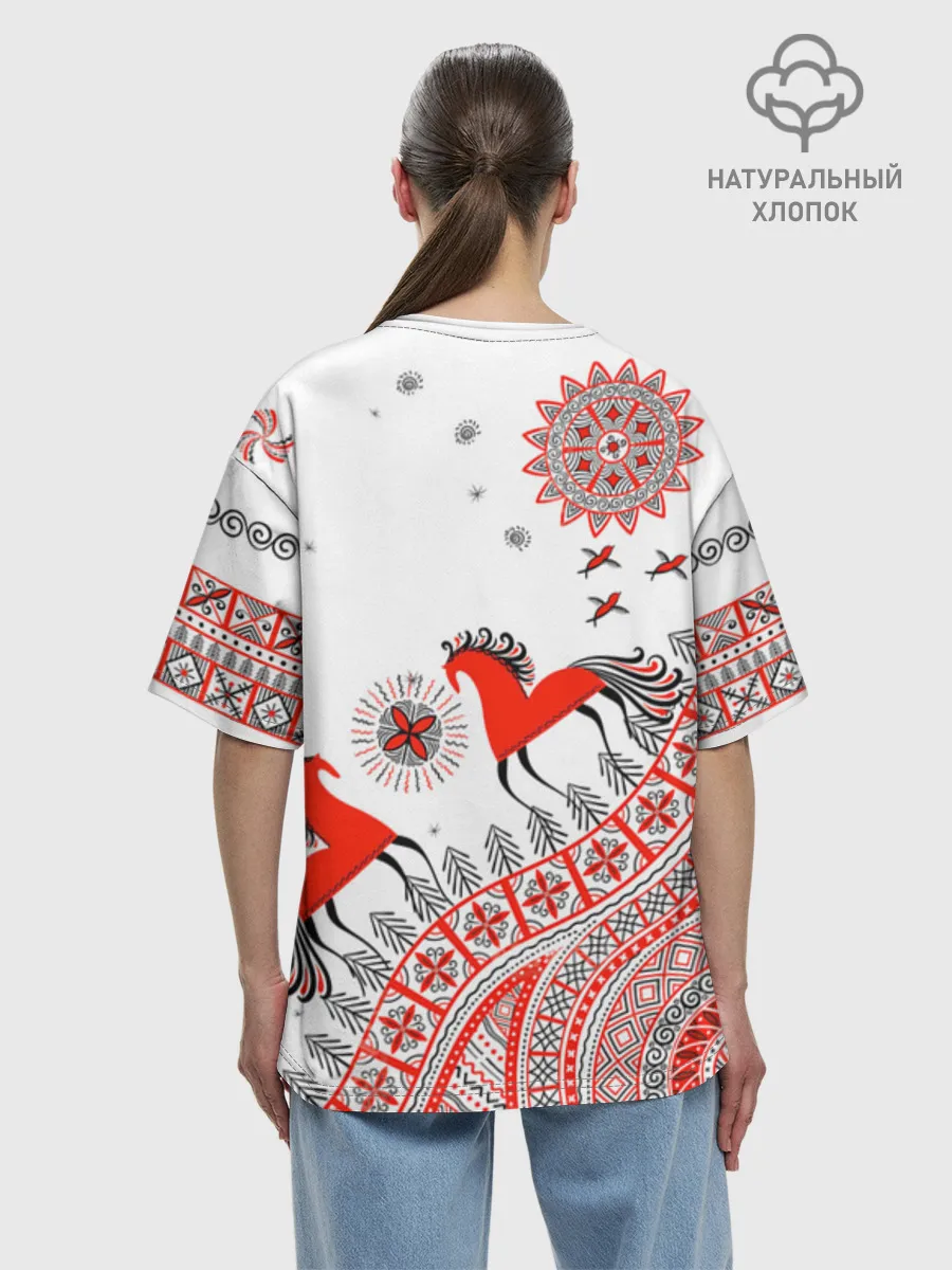 Женская футболка оверсайз хлопок / Мезенская роспись Horse