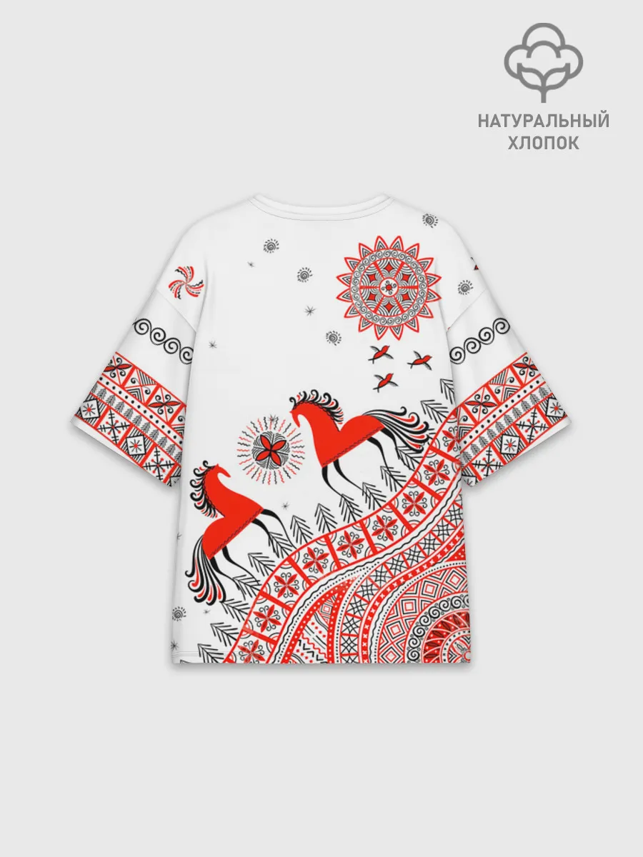 Женская футболка оверсайз хлопок / Мезенская роспись Horse