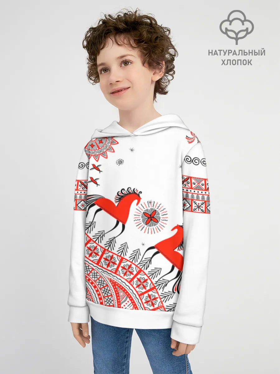 Детское худи хлопок / Мезенская роспись Horse Kids