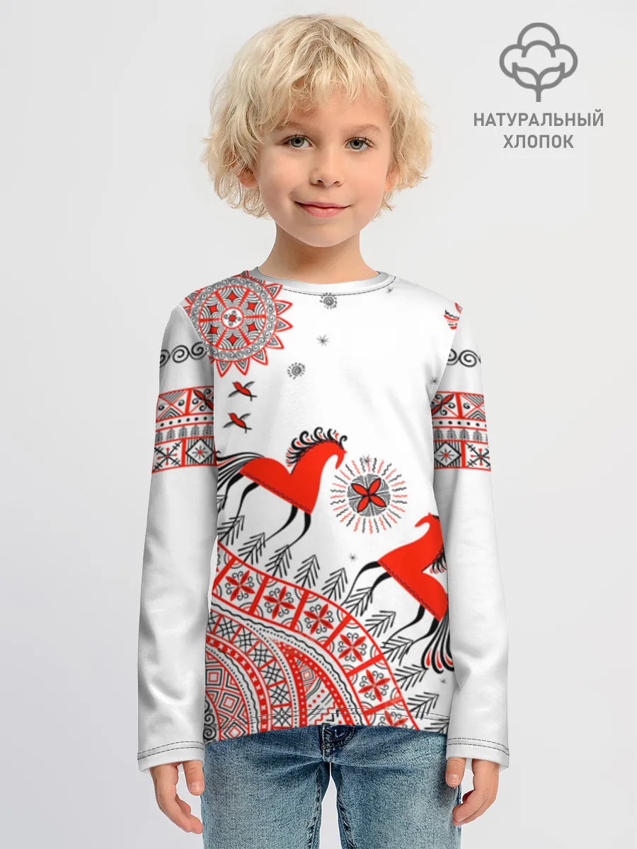 Детский лонгслив хлопок / Мезенская роспись Horse Kids