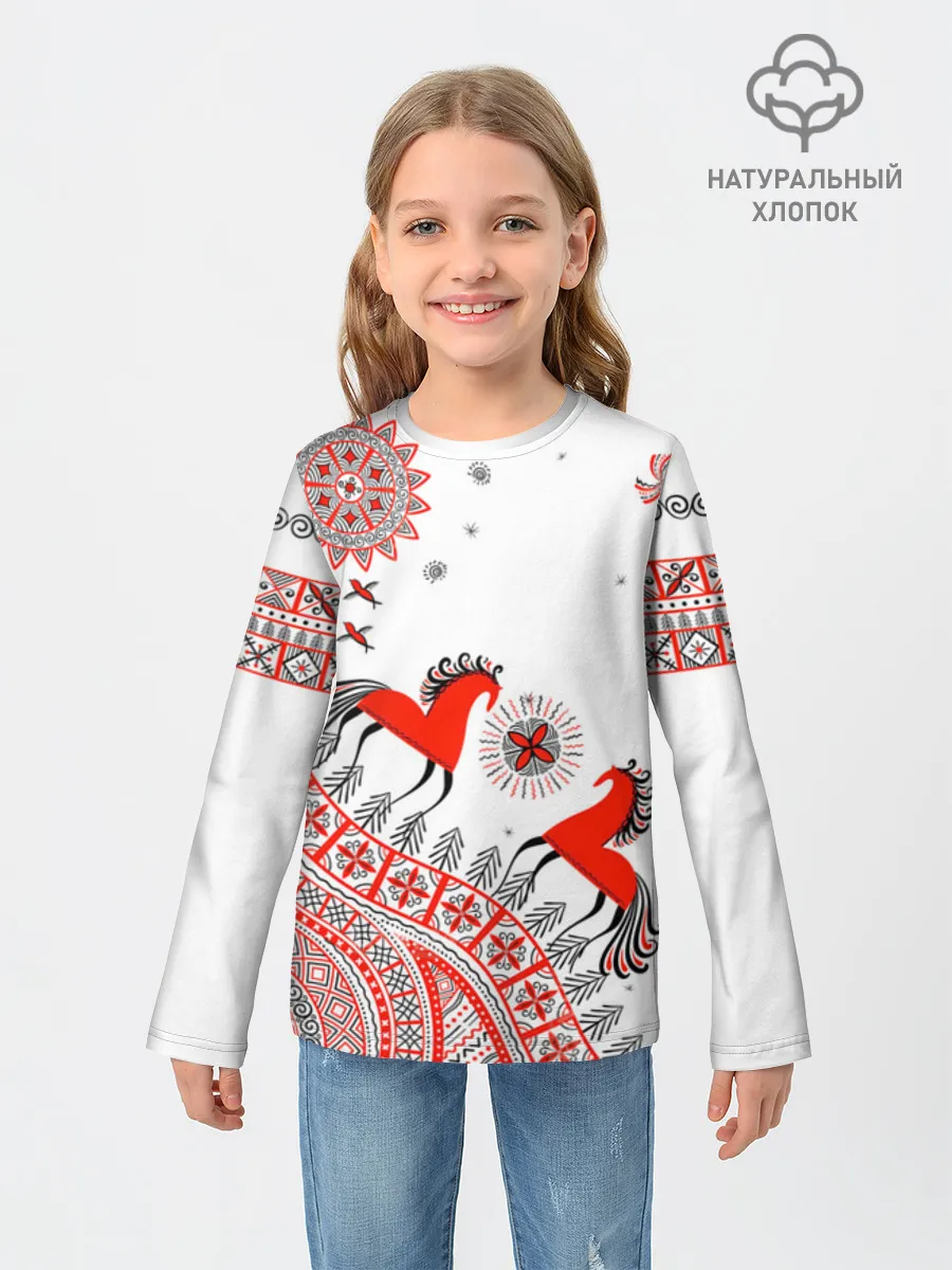 Детский лонгслив хлопок / Мезенская роспись Horse Kids