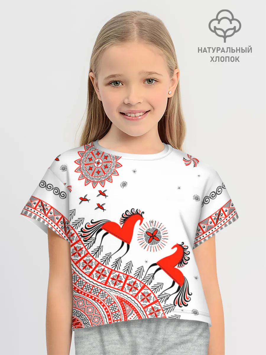 Футболка для девочки укороченная оверсайз хлопок / Мезенская роспись Horse Kids