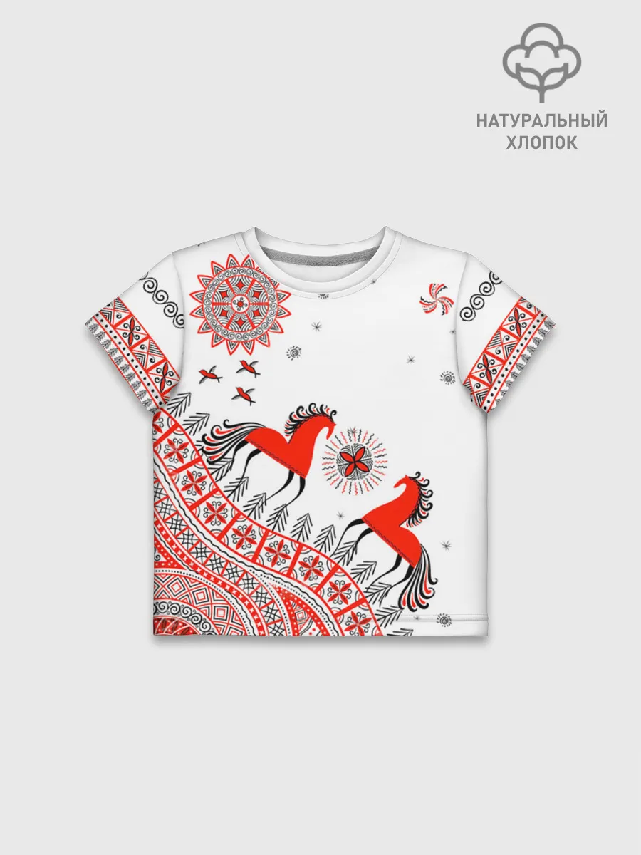 Футболка для девочки укороченная оверсайз хлопок / Мезенская роспись Horse Kids