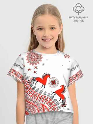 Футболка для девочки укороченная оверсайз хлопок / Мезенская роспись Horse Kids