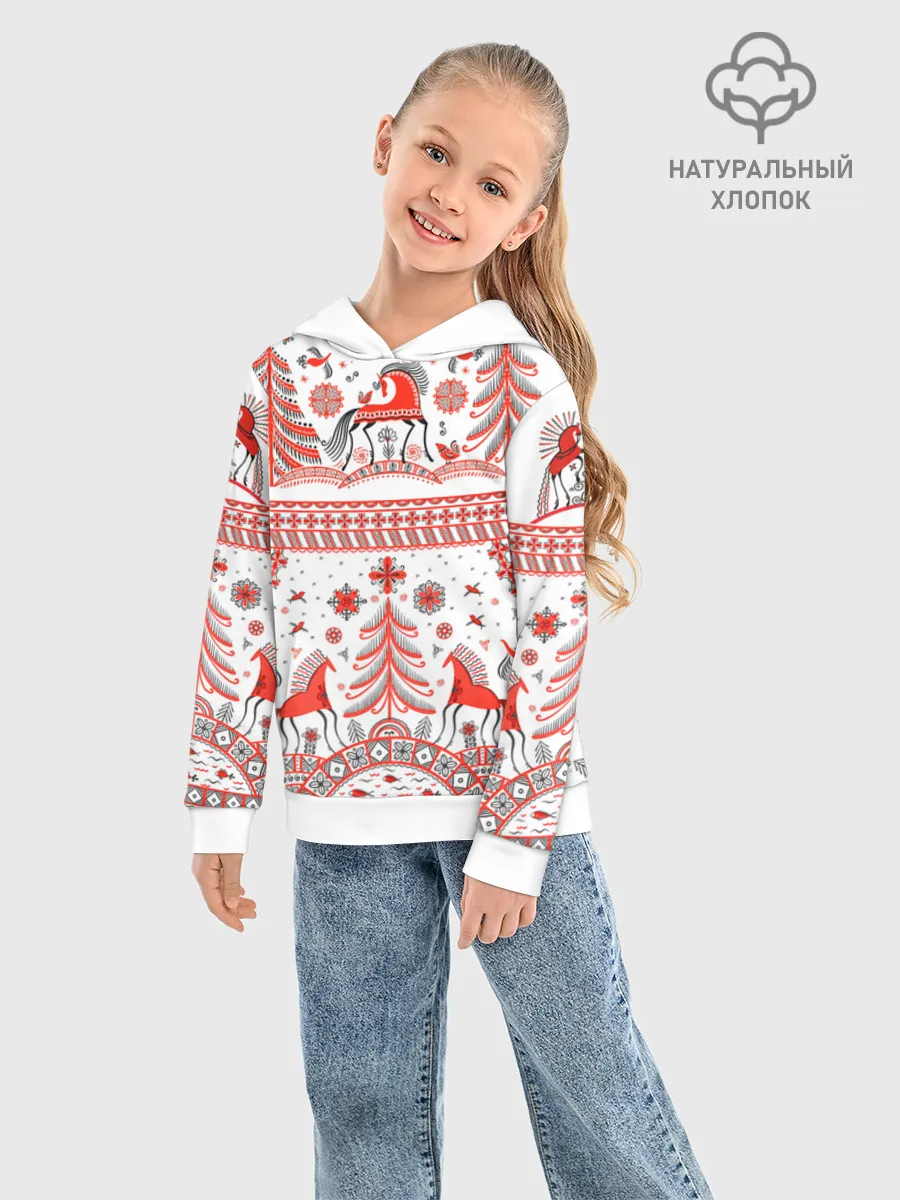 Детское худи хлопок / Мезенская роспись Horse kids