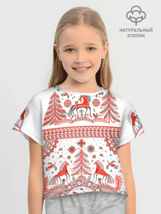 Футболка для девочки укороченная оверсайз хлопок / Мезенская роспись Horse kids