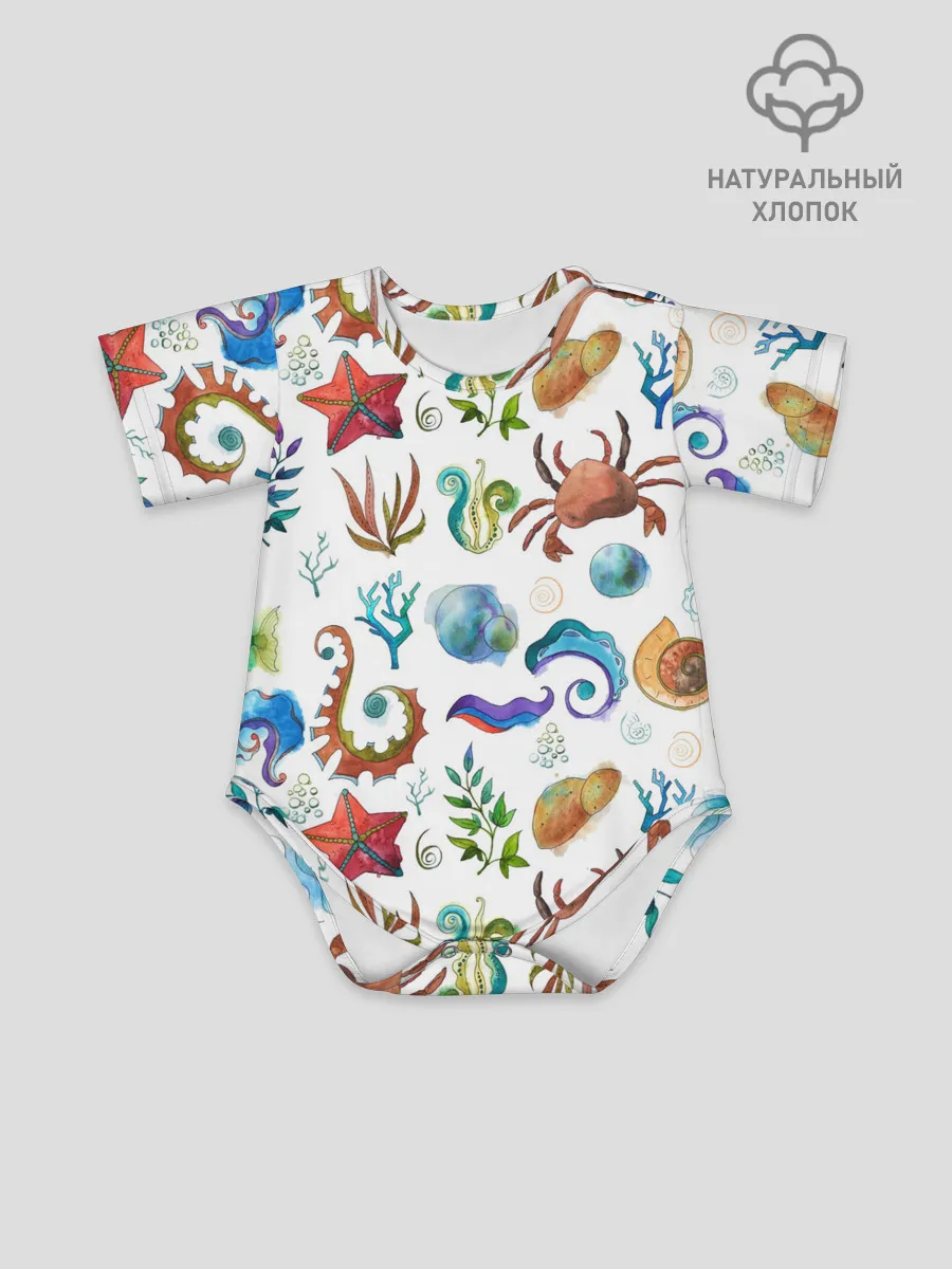 Детское боди / Морской паттерн с крабами и водорослями