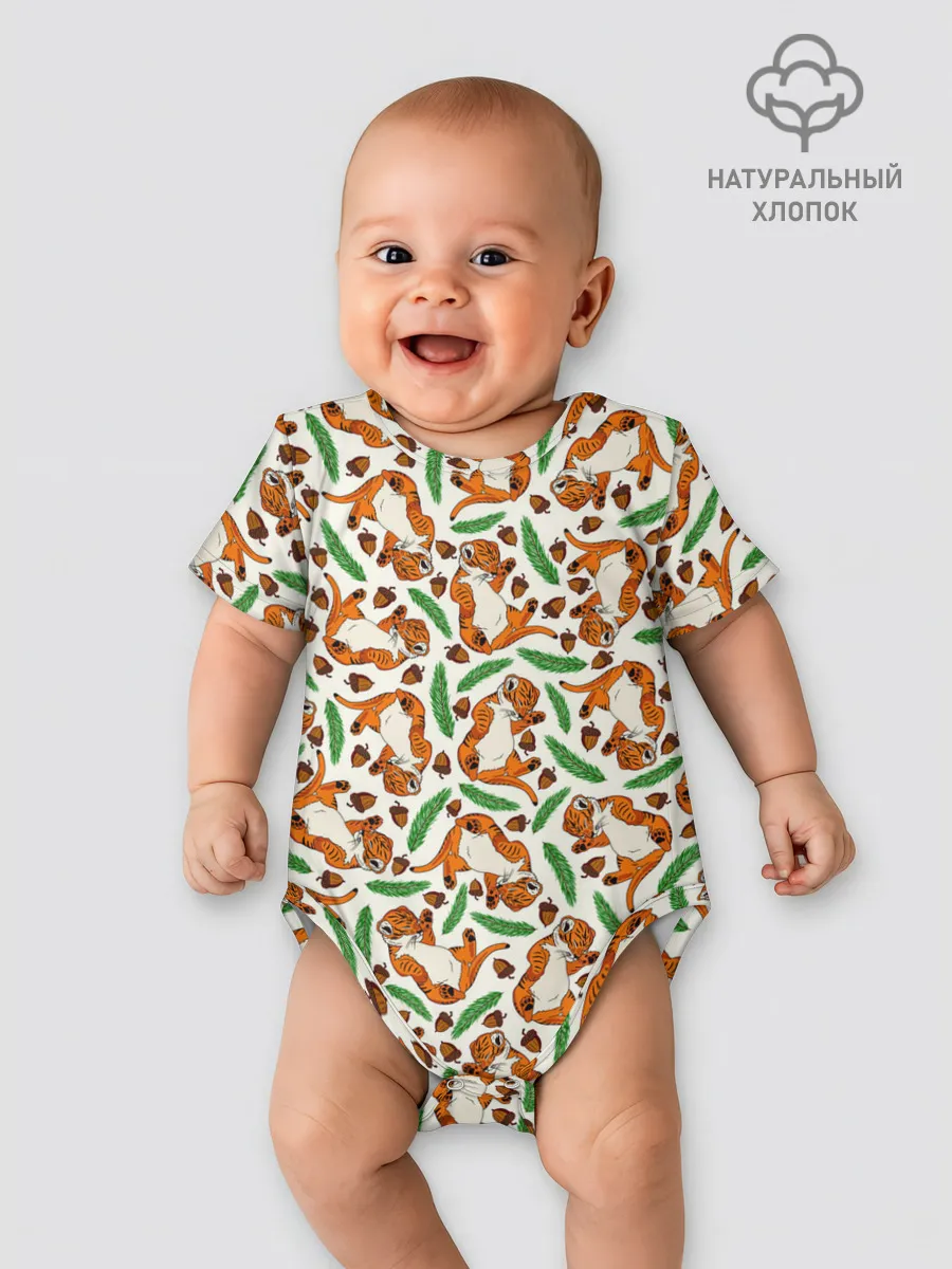 Детское боди / Тигрята, еловые ветки и желуди