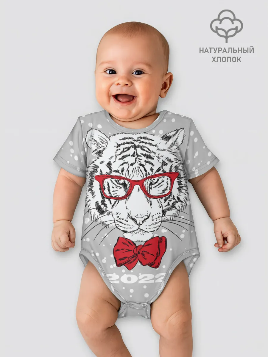 Детское боди / Белый тигр с красным бантом