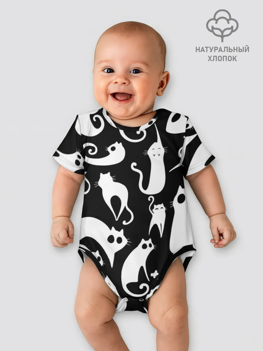 Детское боди / Белые коты на черном фоне