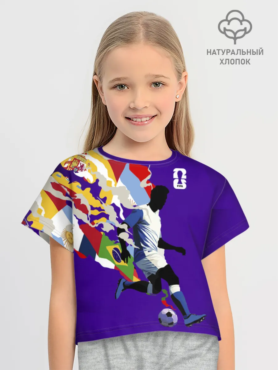 Футболка для девочки укороченная оверсайз хлопок / Fifa World Cup