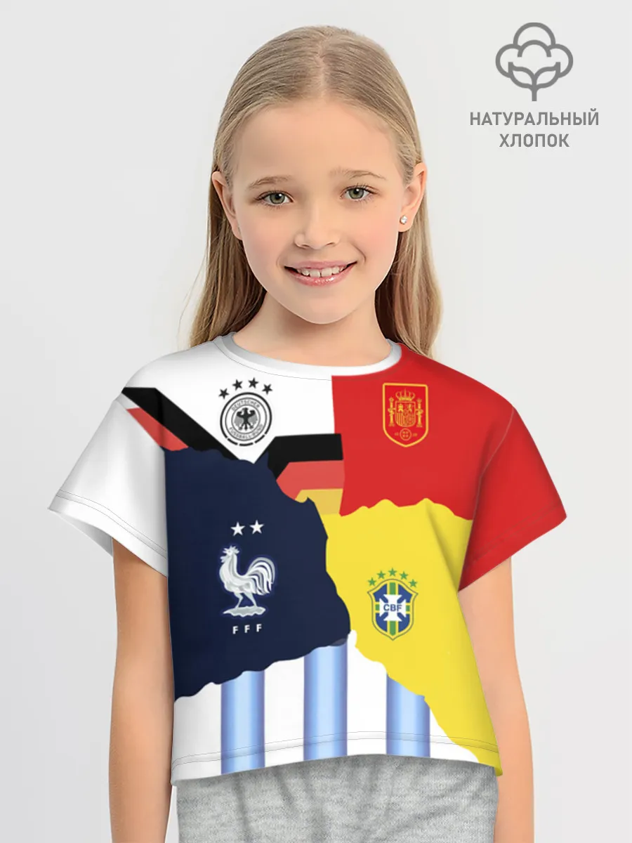 Футболка для девочки укороченная оверсайз хлопок / Fifa коллаж