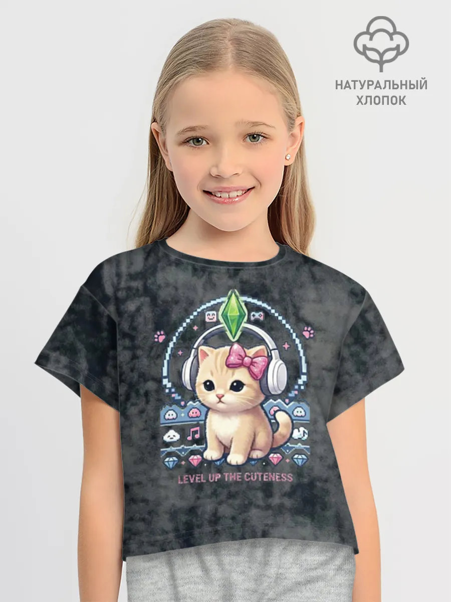 Футболка для девочки укороченная оверсайз хлопок / Я Звезда Ютуб Уу Ага Котик