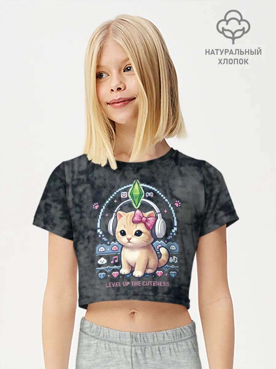 Футболка для девочки укороченная базовая хлопок / Я Звезда Ютуб Уу Ага Котик