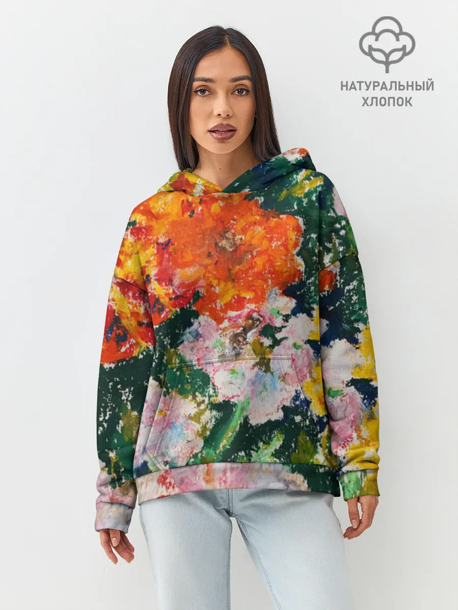 Худи женский оверсайз хлопок / Orange flowers
