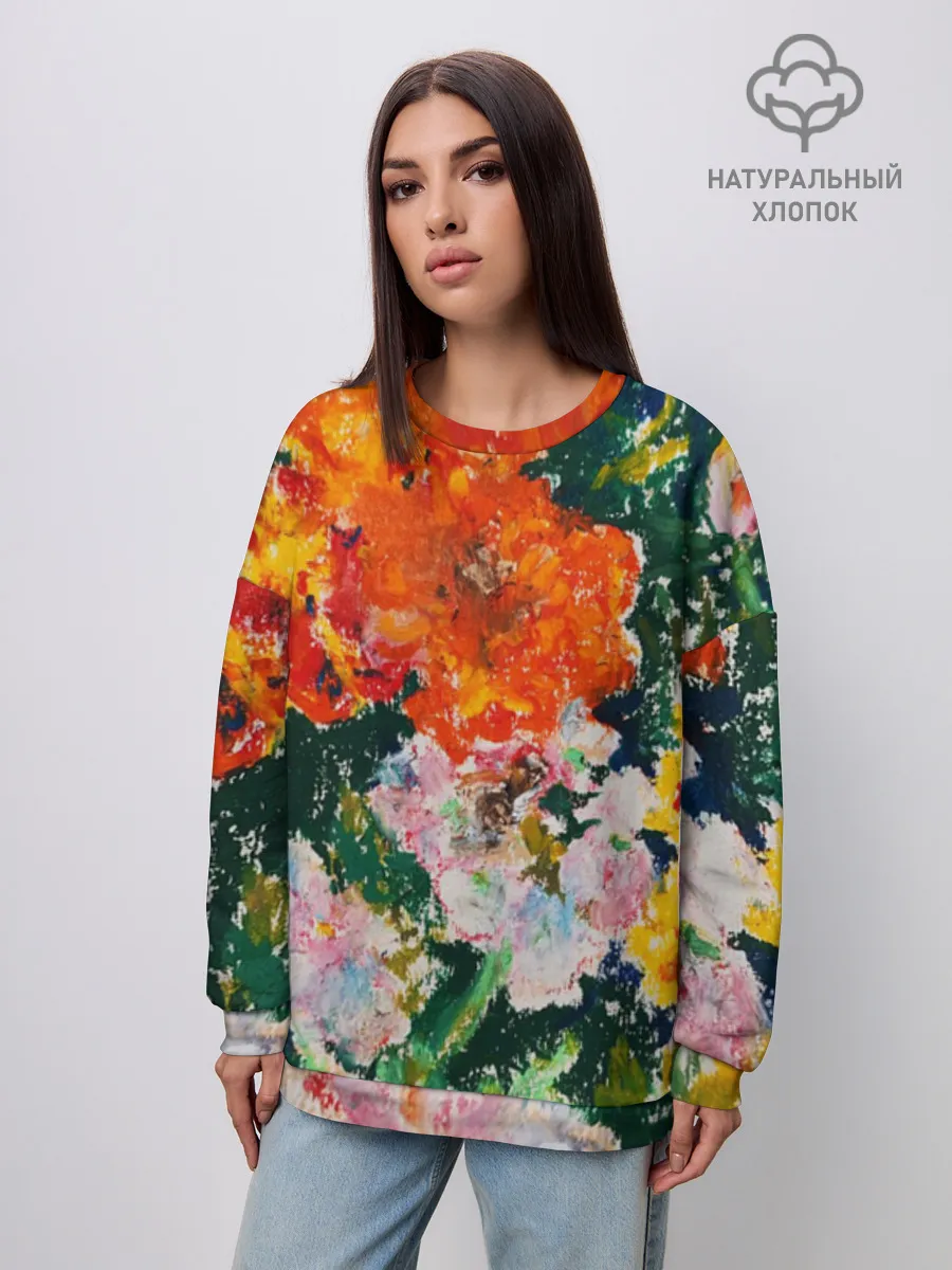 Женский свитшот оверсайз хлопок / Orange flowers