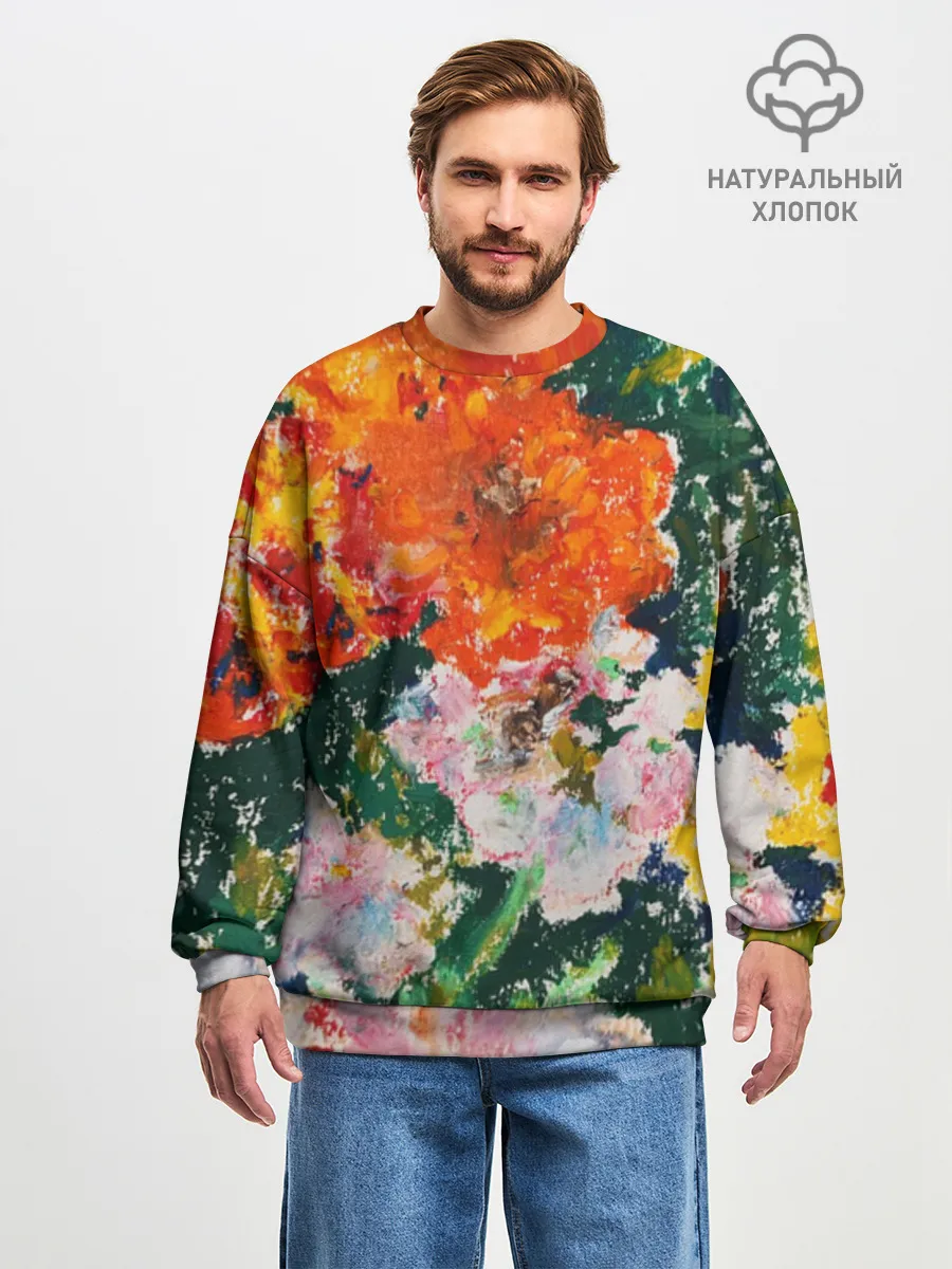 Мужской свитшот оверсайз хлопок / Orange flowers