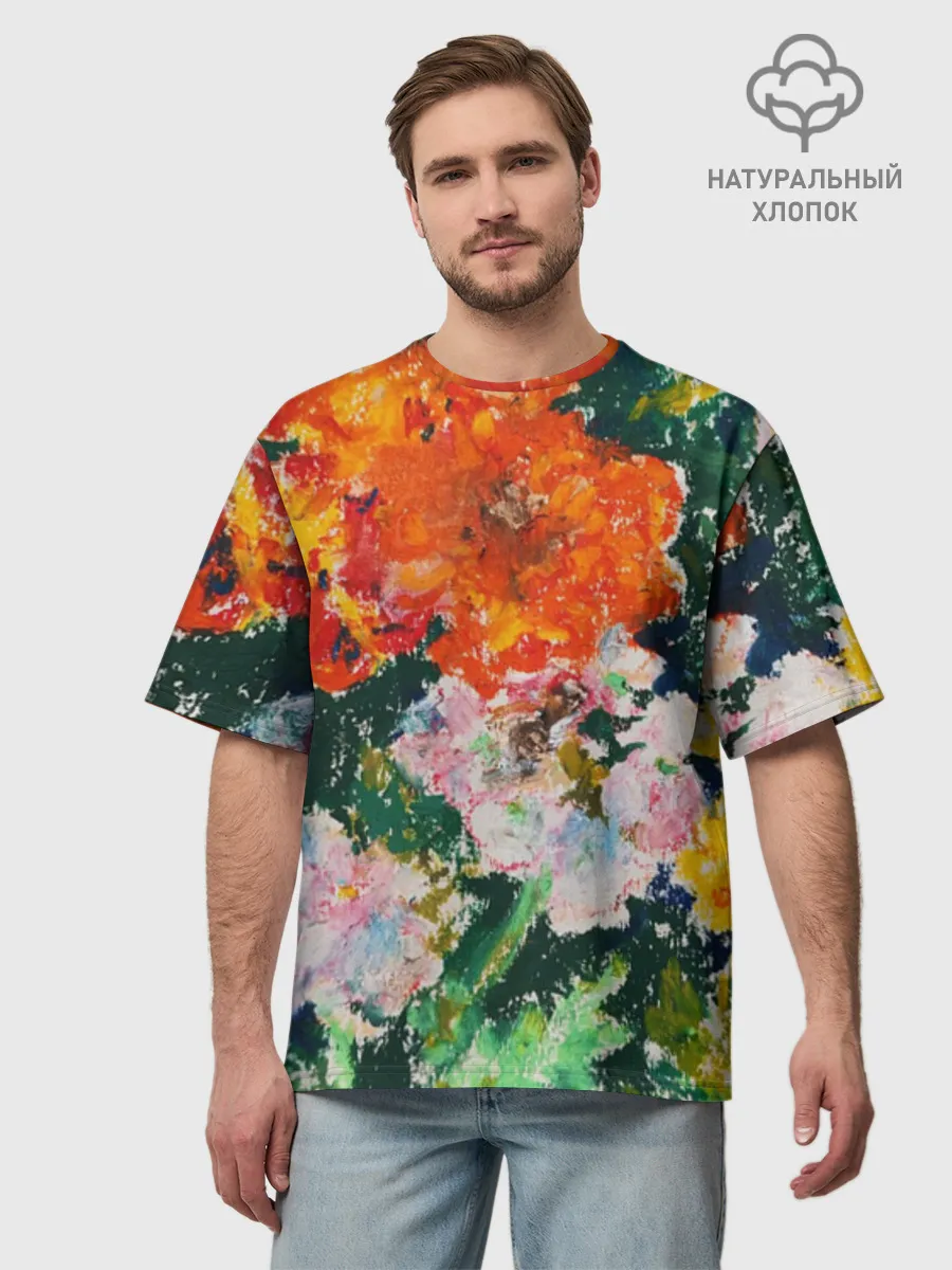 Мужская футболка оверсайз хлопок / Orange flowers