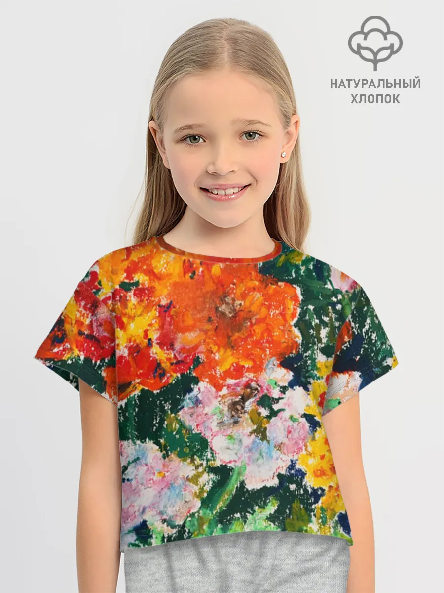 Футболка для девочки укороченная оверсайз хлопок / Orange flowers