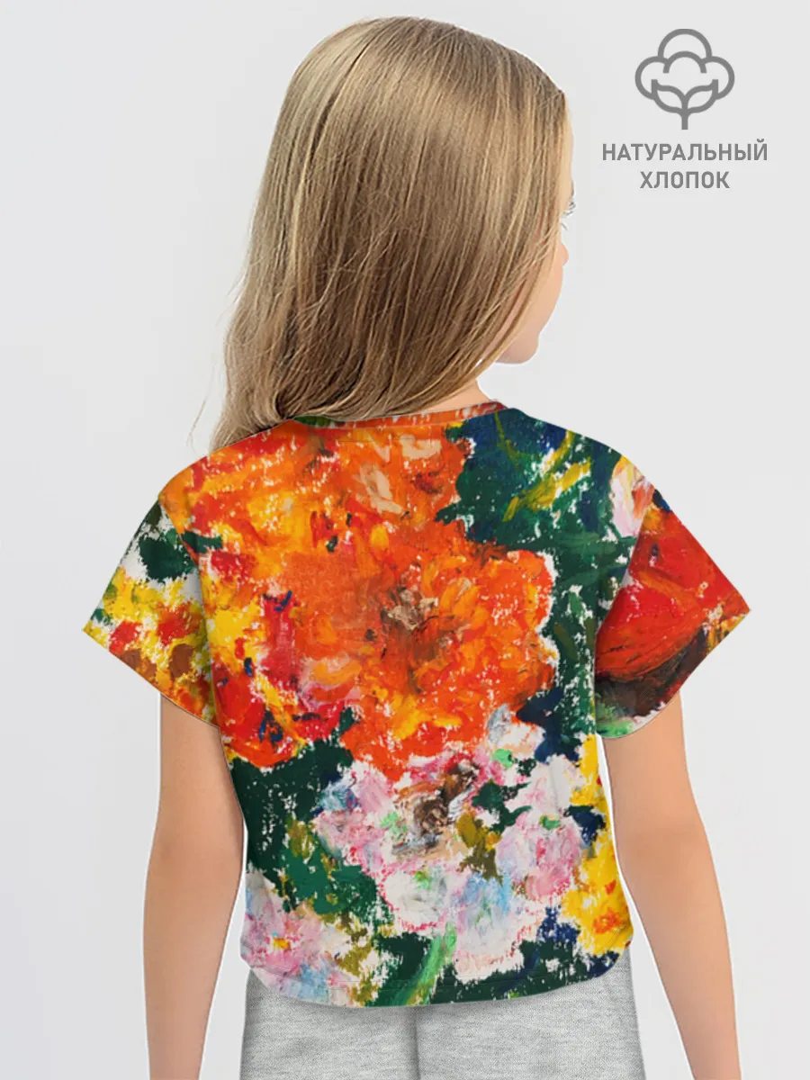 Футболка для девочки укороченная оверсайз хлопок / Orange flowers