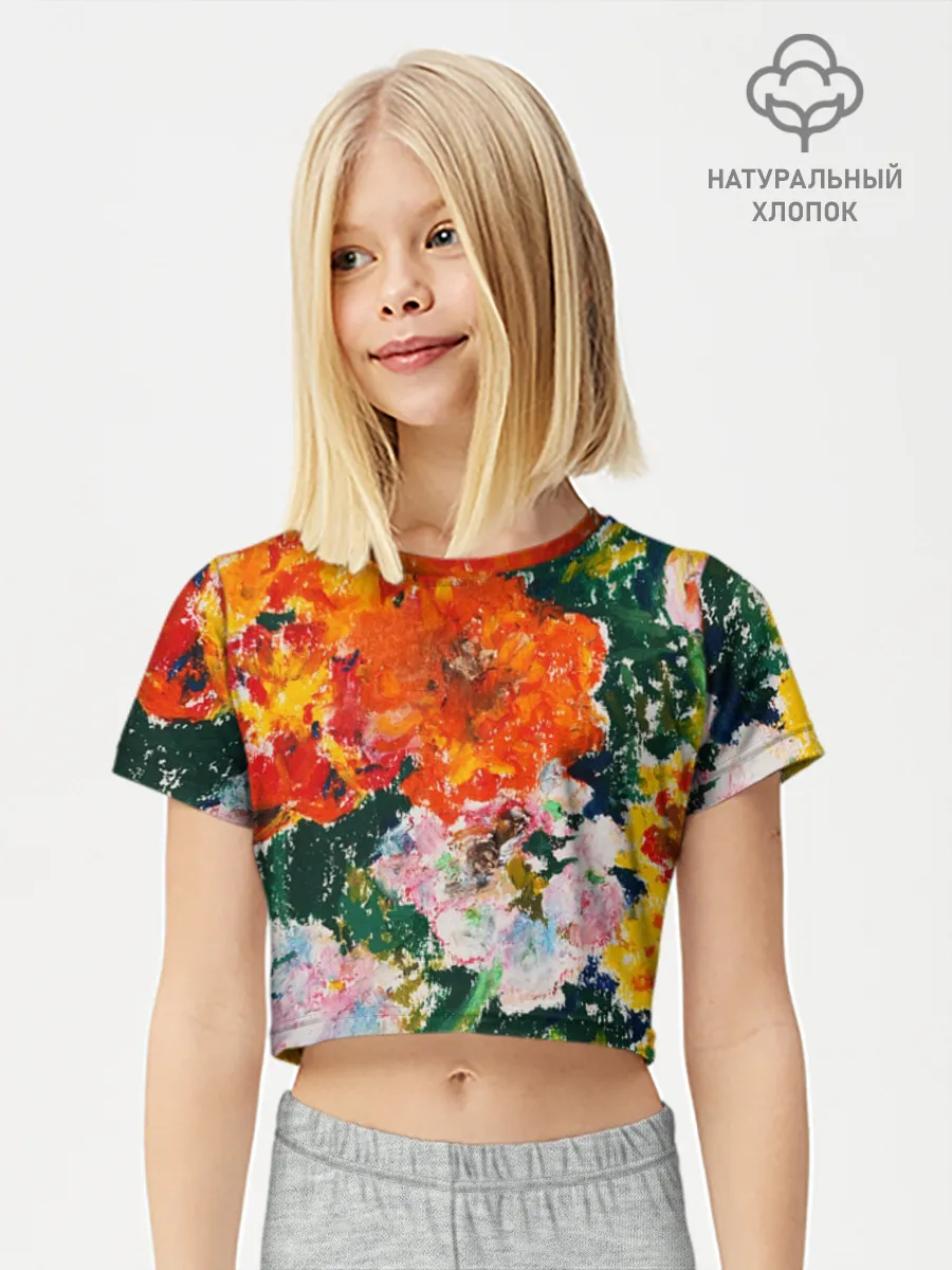 Футболка для девочки укороченная базовая хлопок / Orange flowers