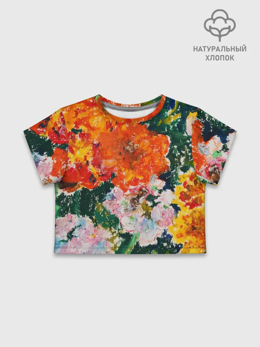 Футболка для девочки укороченная базовая хлопок / Orange flowers