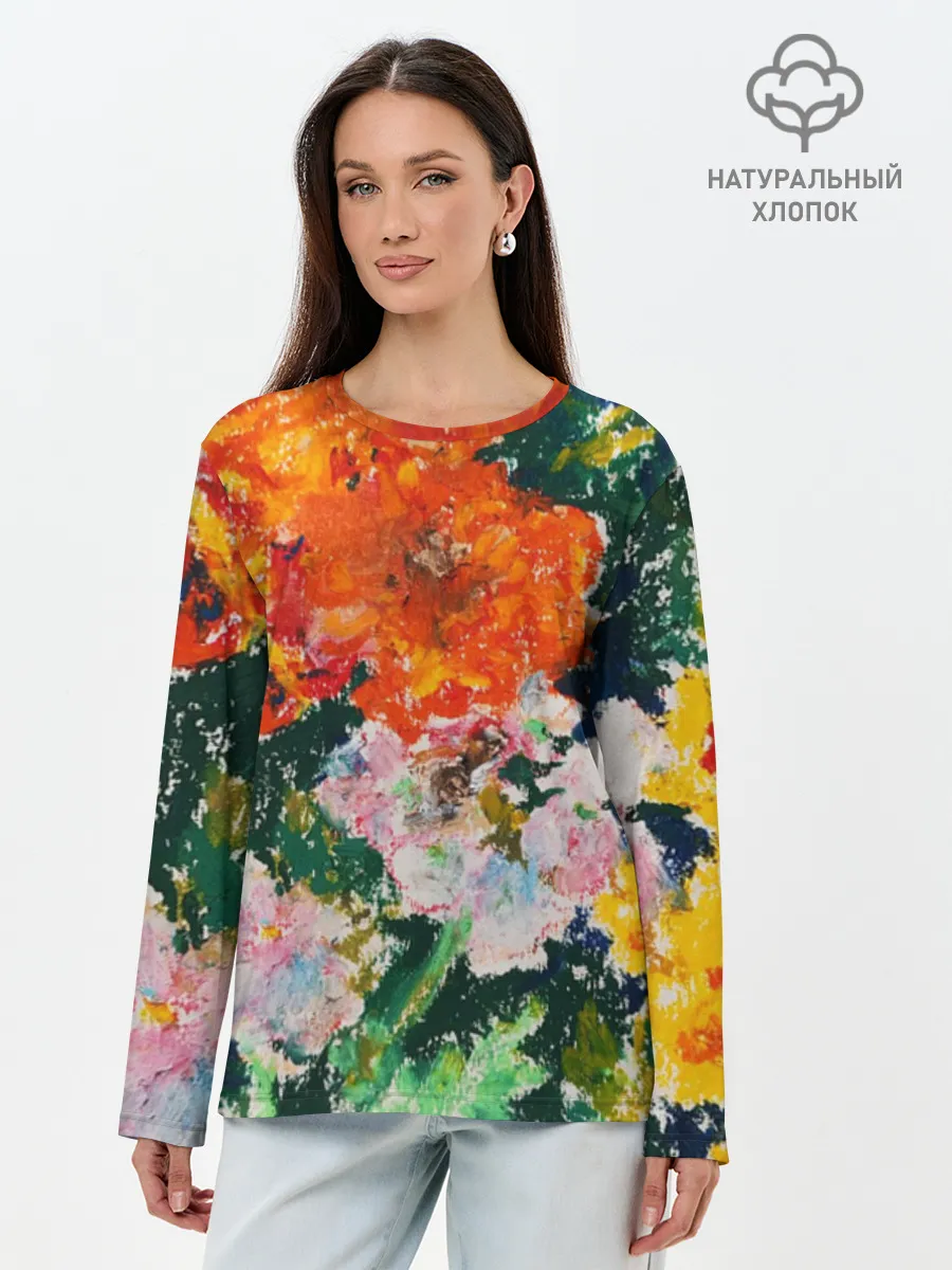 Лонгслив женский. Хлопок / Orange flowers
