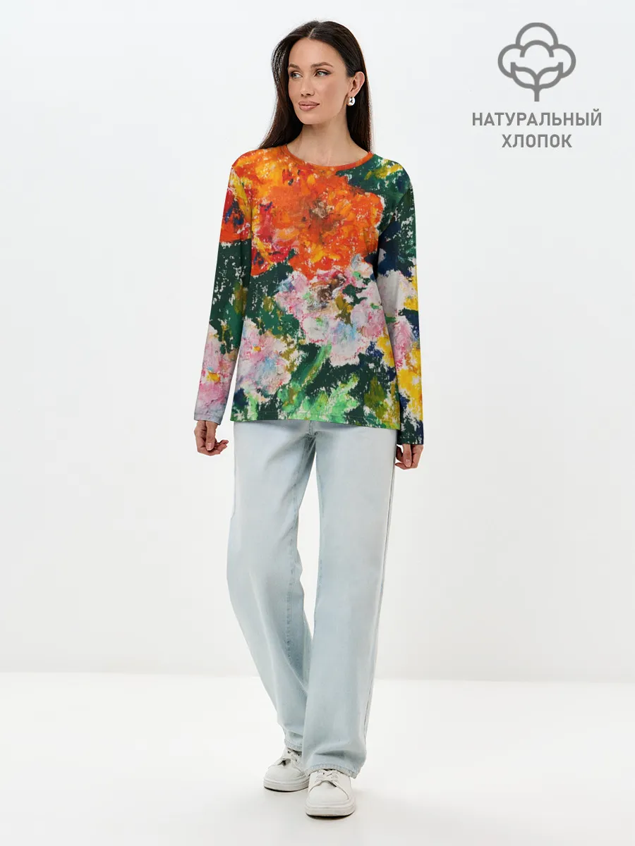 Лонгслив женский. Хлопок / Orange flowers