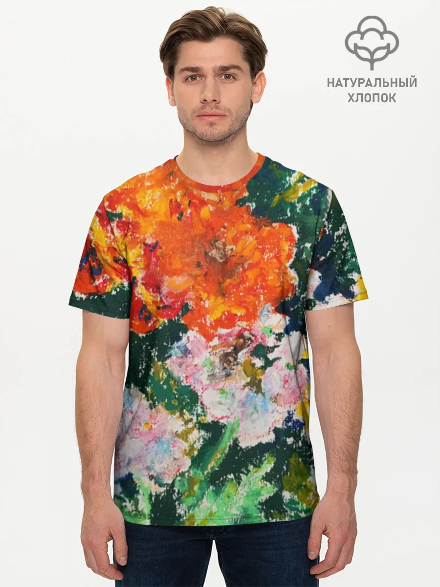 Мужская базовая футболка хлопок / Orange flowers