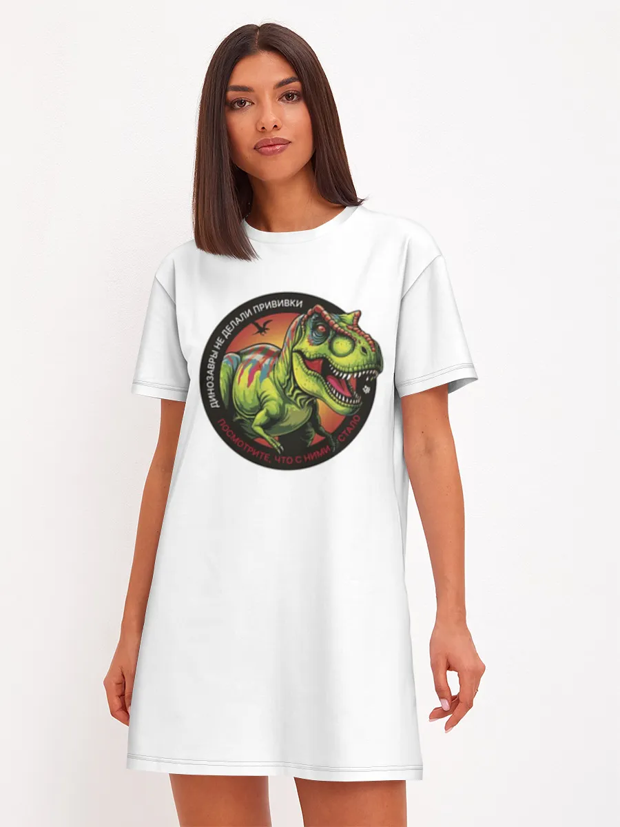 Женское платье хлопок / Динозавр_белый_русский