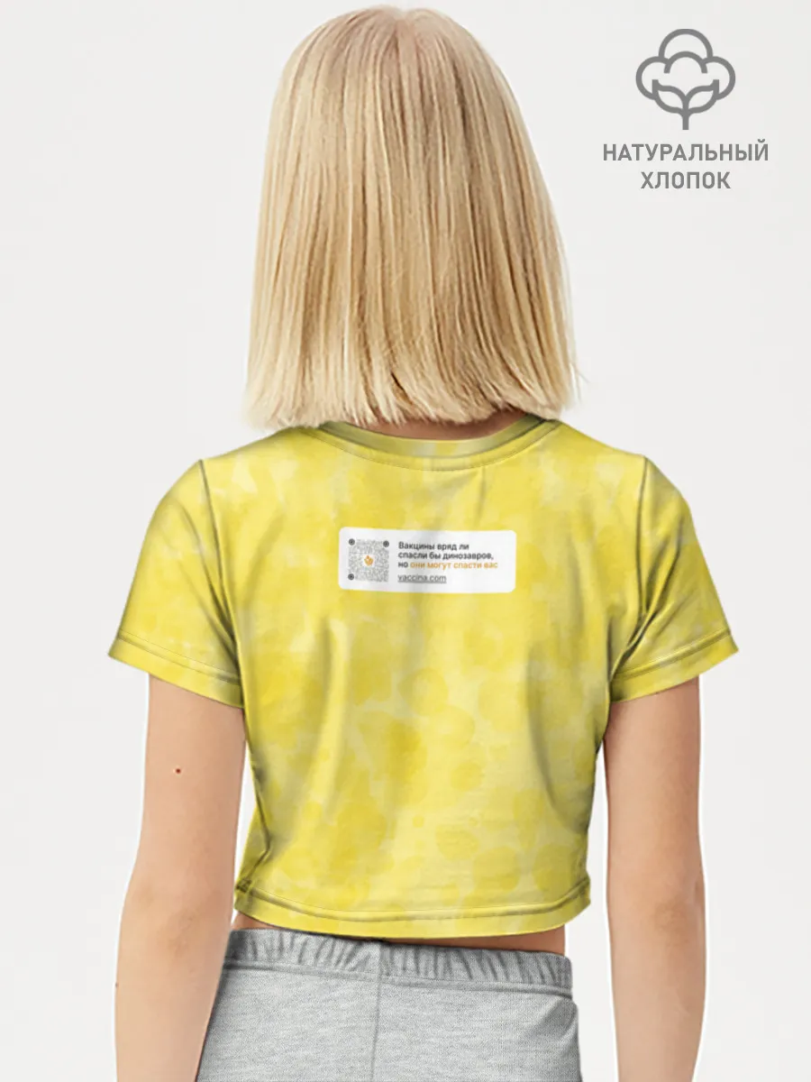 Футболка для девочки укороченная базовая хлопок / Динозавр_оранжевый_русский