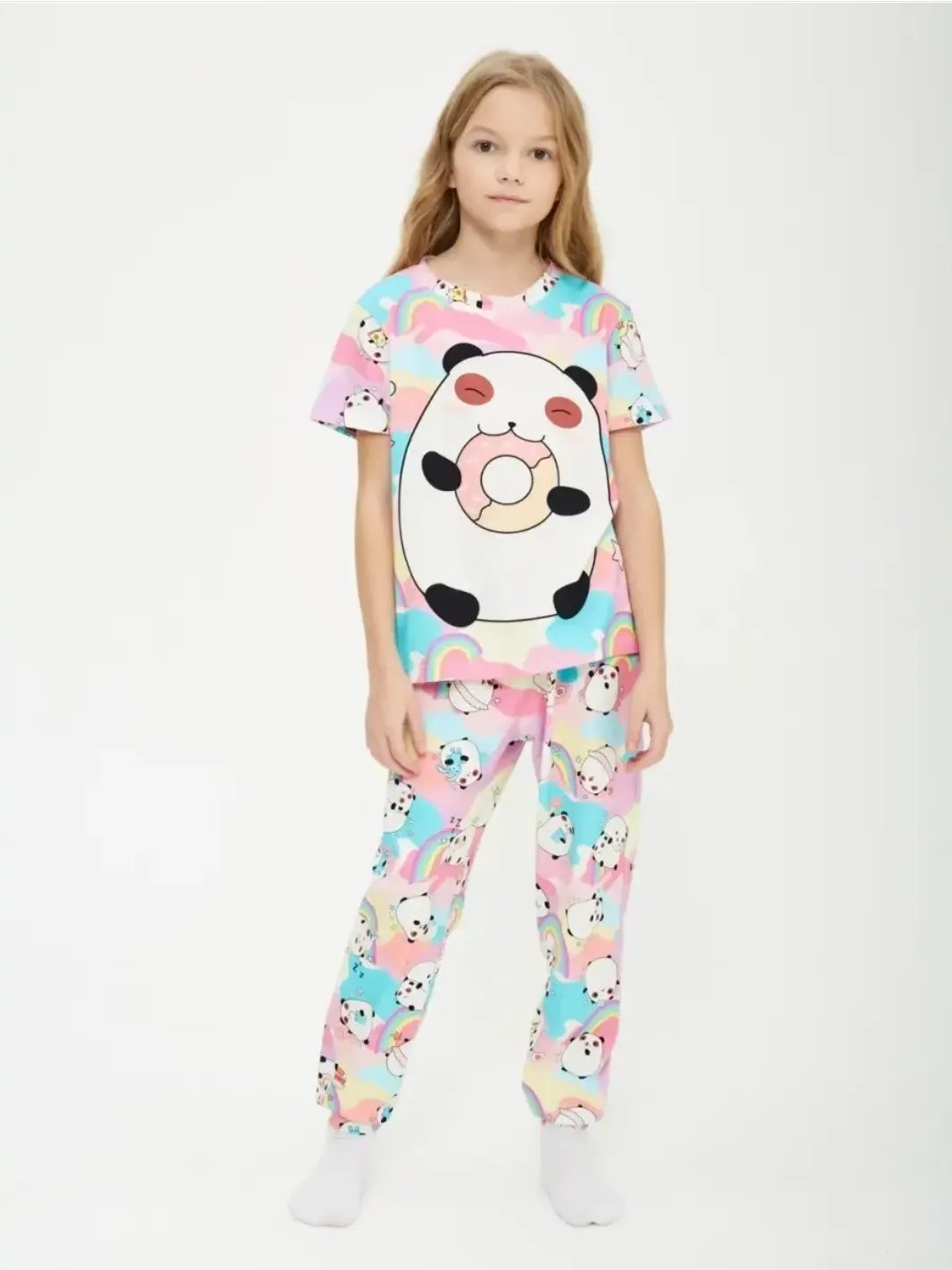 Детская пижама с брюками хлопок / P001_PandaPinkBlue