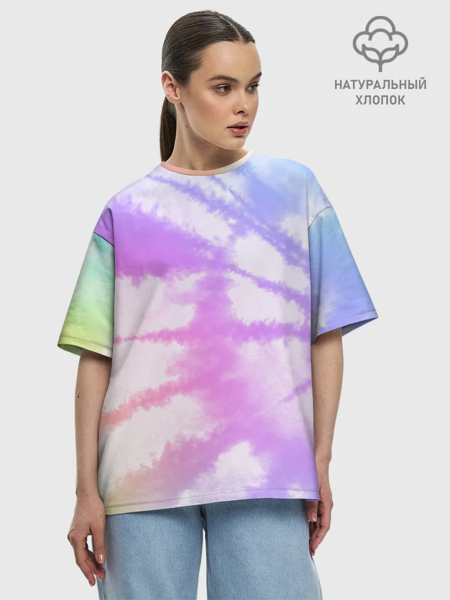 Женская футболка оверсайз хлопок / Tie-Dye Rainbow