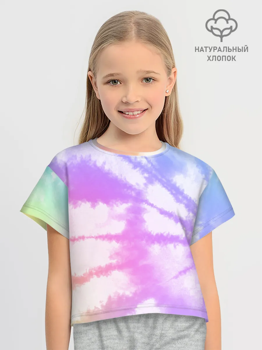 Футболка для девочки укороченная оверсайз хлопок / Tie-Dye Rainbow