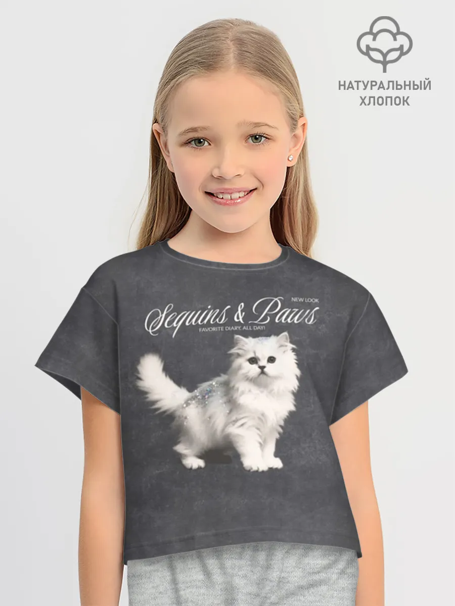 Футболка для девочки укороченная оверсайз хлопок / Котёнок new look