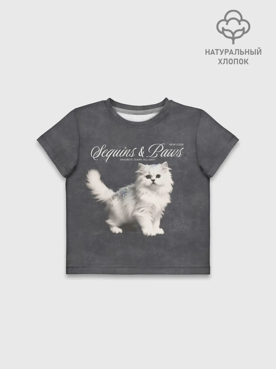 Футболка для девочки укороченная оверсайз хлопок / Котёнок new look