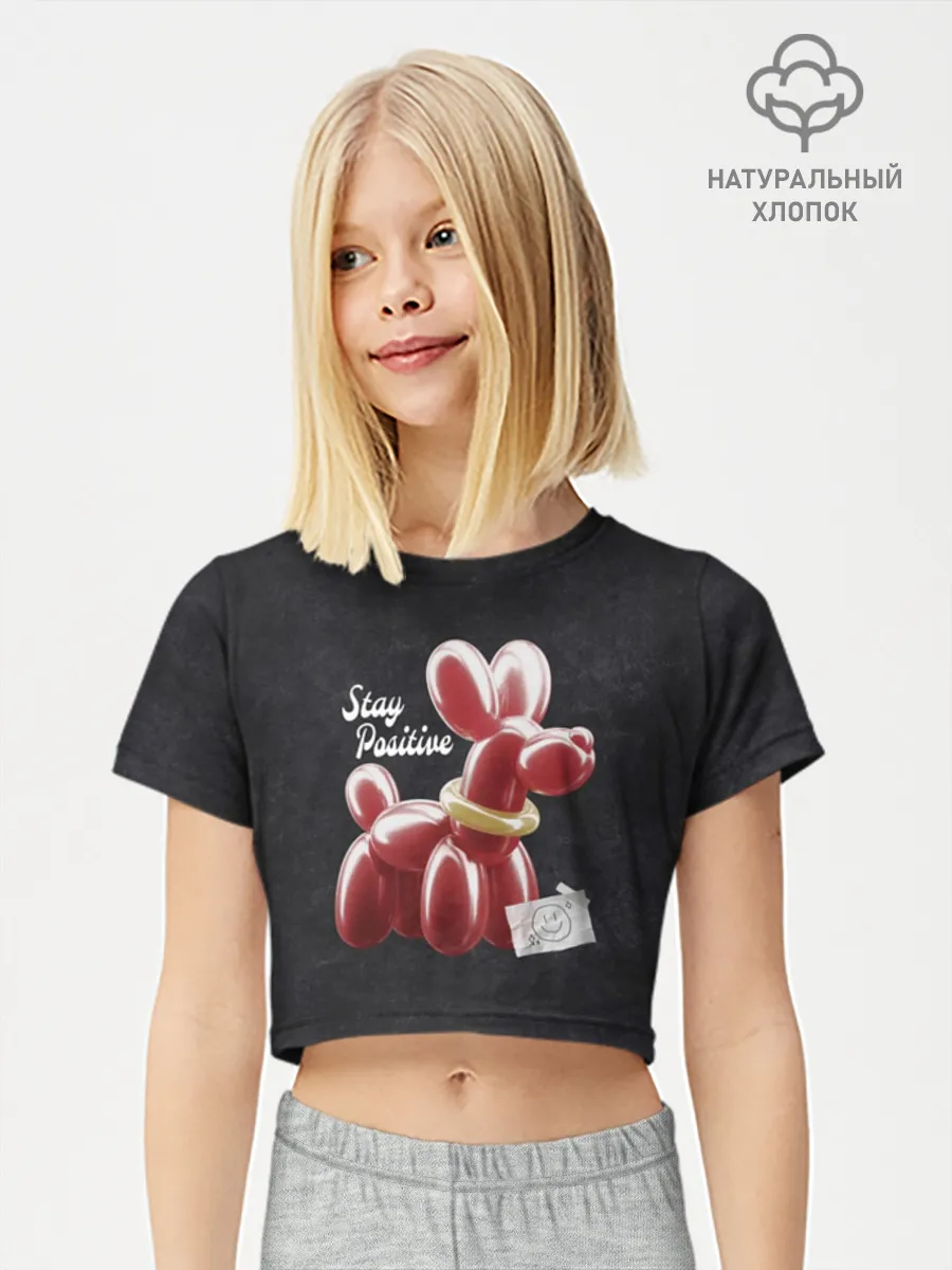 Футболка для девочки укороченная базовая хлопок / Stay positive