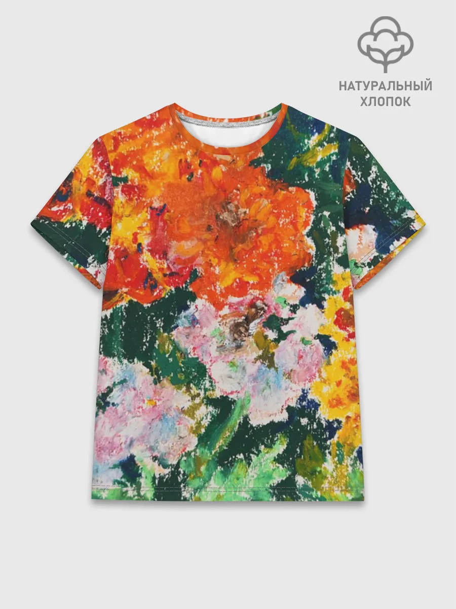 Женская базовая футболка хлопок / Orange flowers