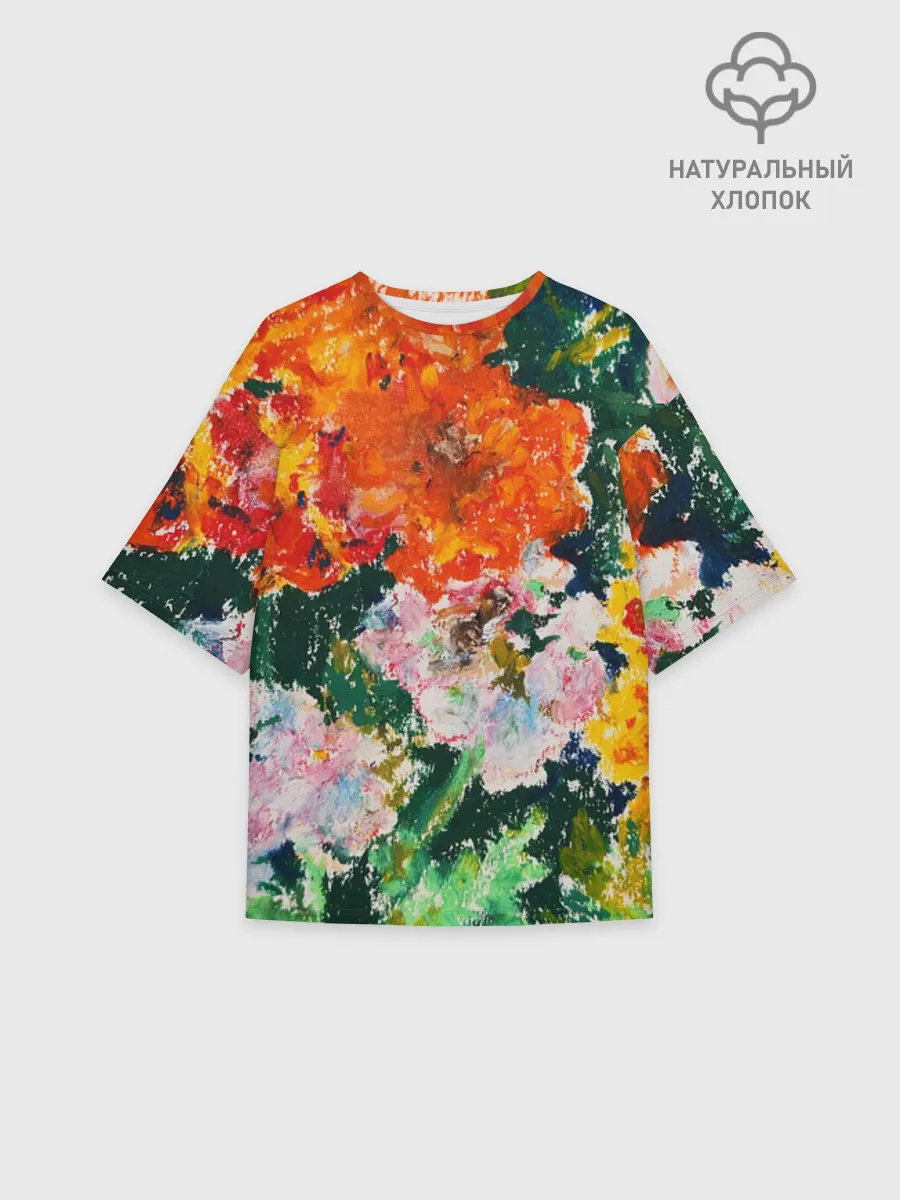 Женская футболка оверсайз хлопок / Orange flowers