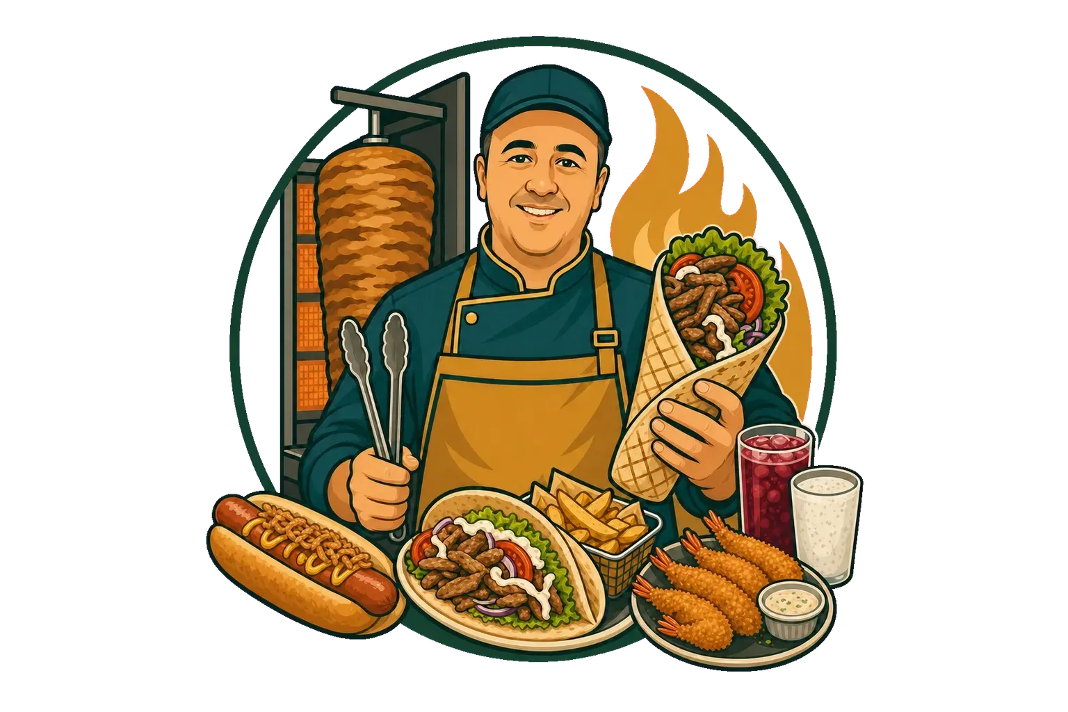 Повар Лавны с шаурмой и блюдами кафе