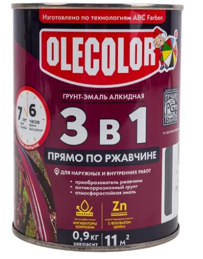 ГРУНТ ЭМАЛЬ ПО РЖАВ. ЧЕРНАЯ 0,9КГ ОЛЕКОЛОР