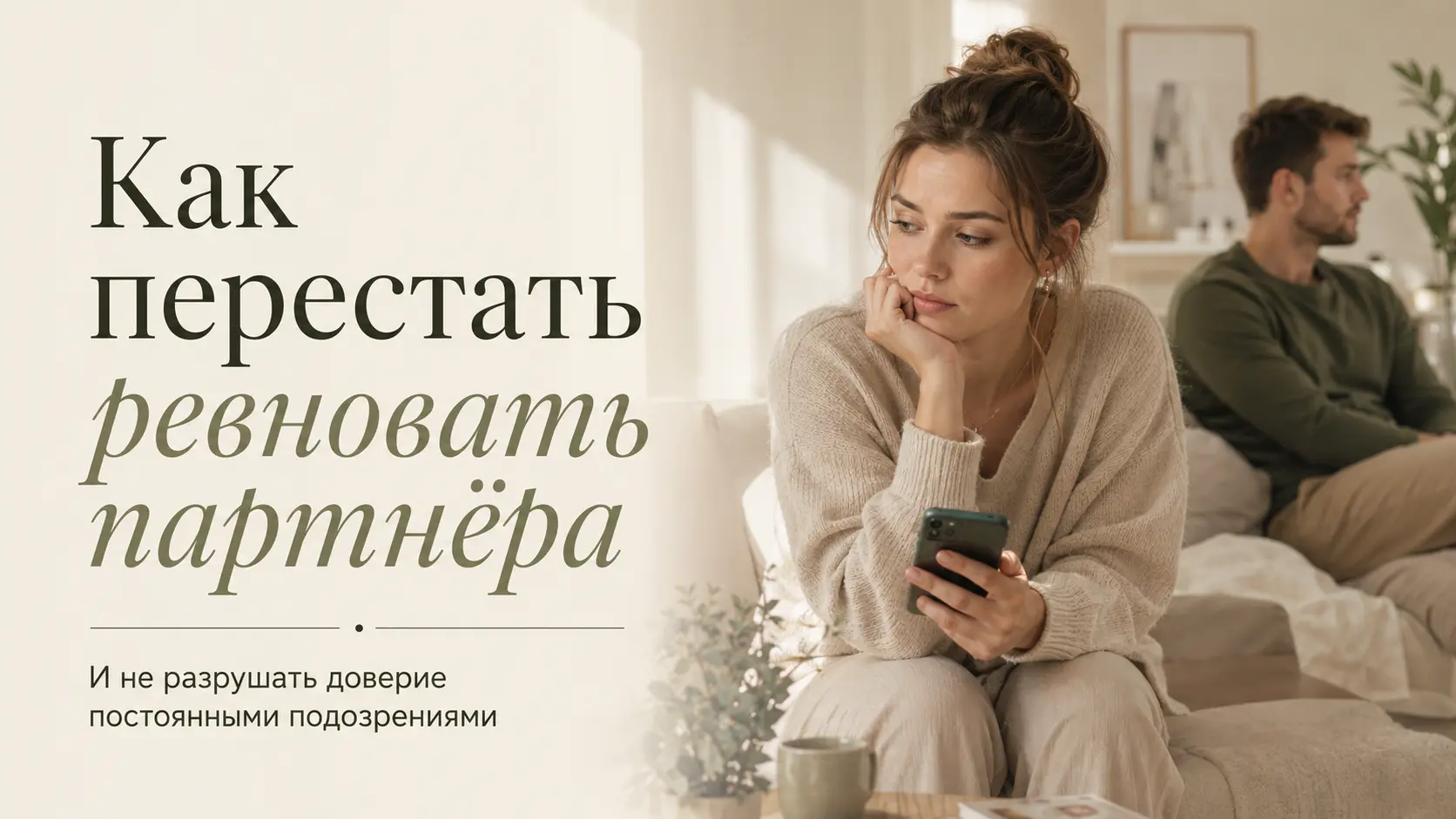 Женщина с телефоном тревожно смотрит в сторону, пока партнёр сидит отдельно — обложка о ревности и доверии