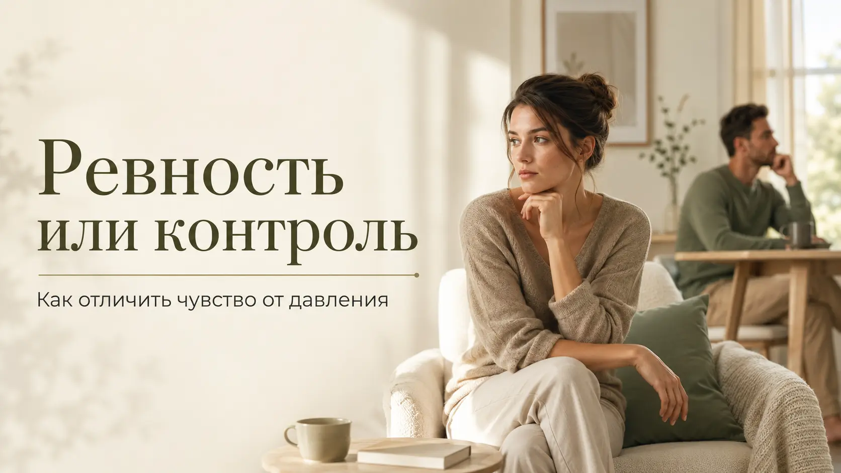 Женщина и партнёр сидят порознь в светлой комнате — обложка о ревности, контроле и личных границах